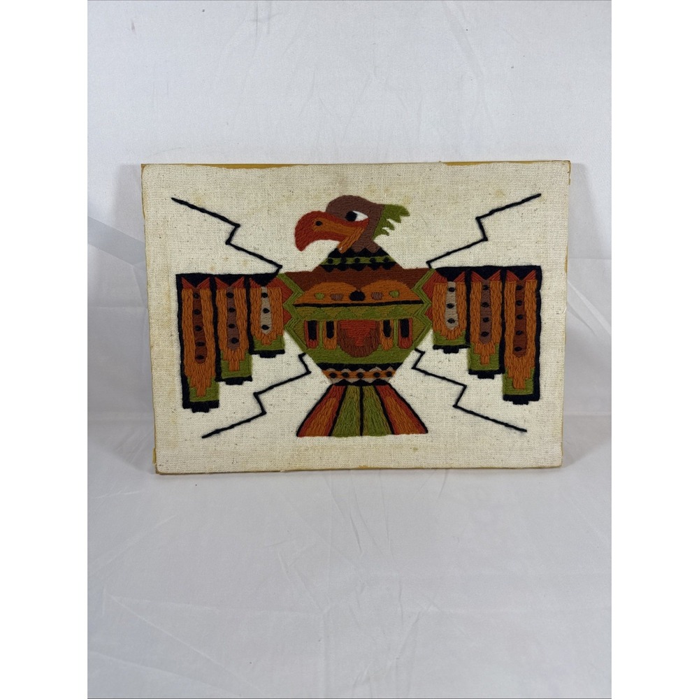 Vintage Thunderbird Phoenix Needlepoint Art Hand Embroidered Crewel Wall Decor